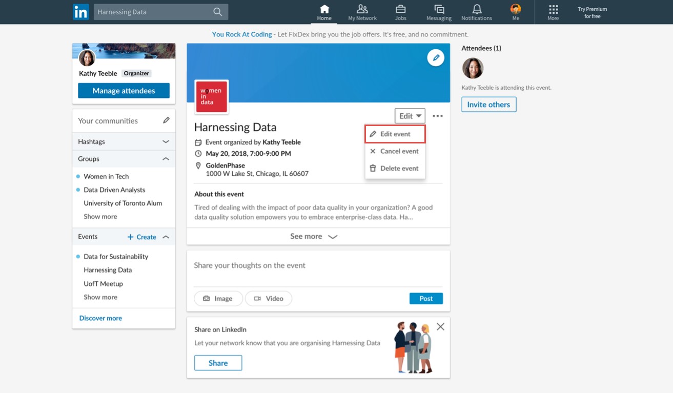 Editing and Event on LinkedIn