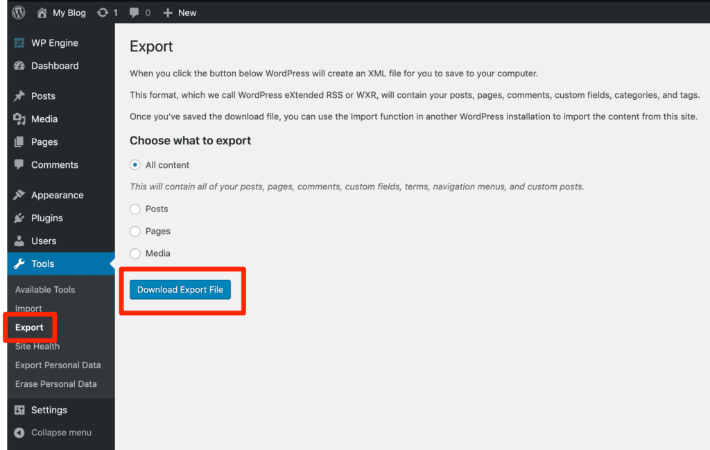 Screenshot showing how to export your WordPress content